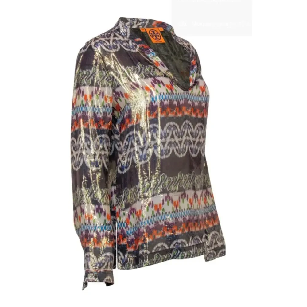 TORY BURCH purple orange green aztec print metallic silk long sleeve top blouse
